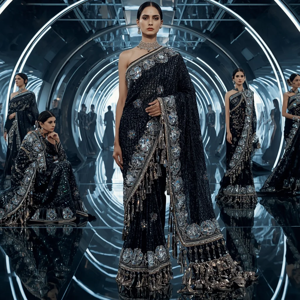 Obsidian Prism Thunder Saree with Curved Mirror Infinity Temple | Photo Prompt