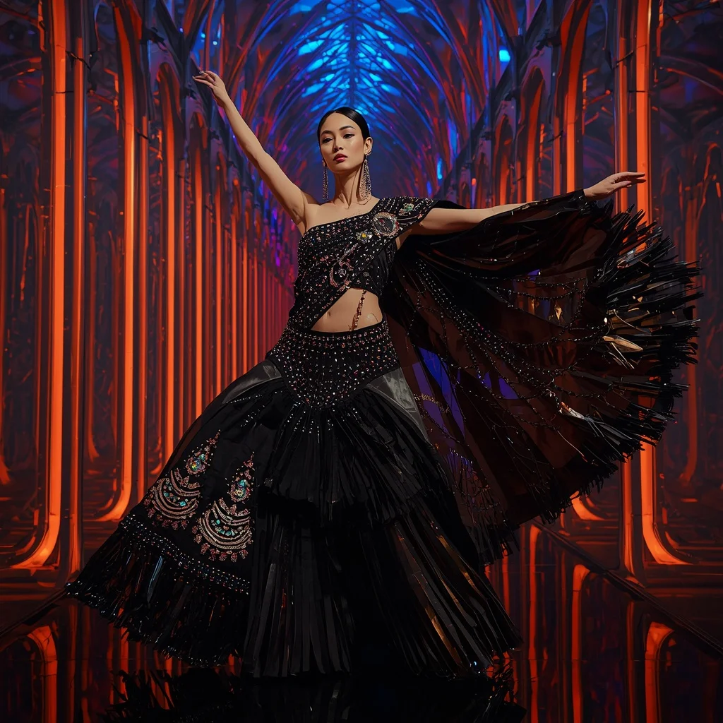 Obsidian Prism Thunder Saree with RGB Infinity Cathedral | Instagram Story Ai Prompt