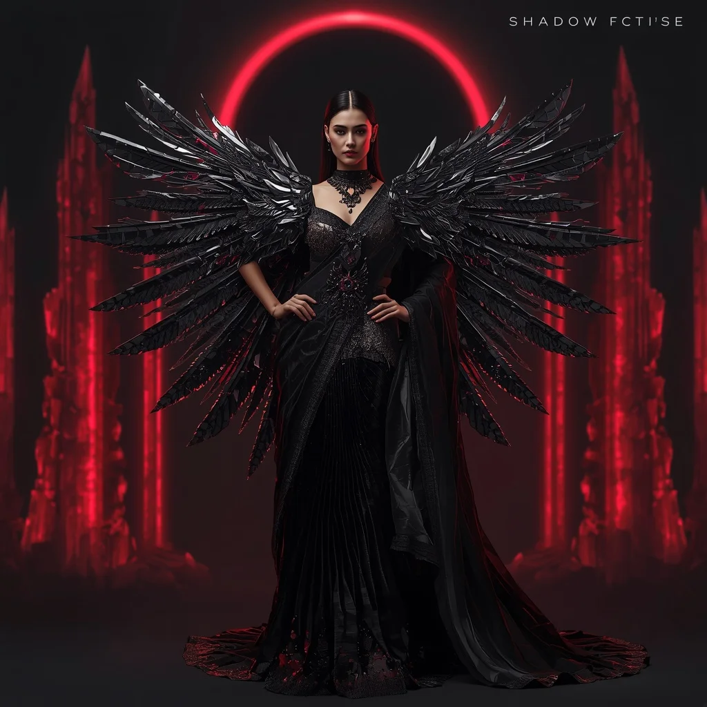 Obsidian Raven Warrior Saree with Crimson Crystal Towers and Shadow Eclipse Citadel | Ai Girl Image Prompt