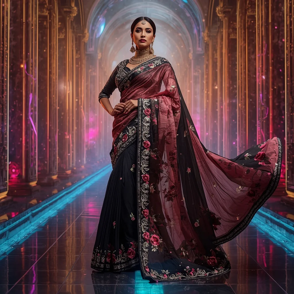 Obsidian Rose Nebula Saree with Stellar Mirage Palace and Aurora Circuit Rivers | Prompt Chatgpt