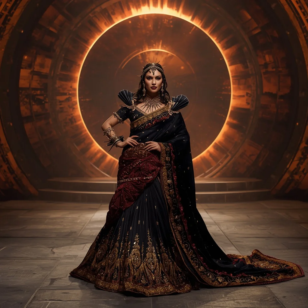 Obsidian Velvet Eclipse Saree with Solar Arc Crown Infinity Dominion | Desi Girl Ai Prompt