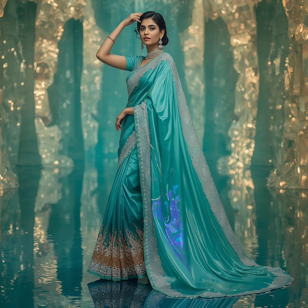 Ocean Prism Inferno Saree – Luxury Modern Saree with Side Twirl Pose and Aqua Inferno Crystal Palace Background | Character Design Ai Prompt