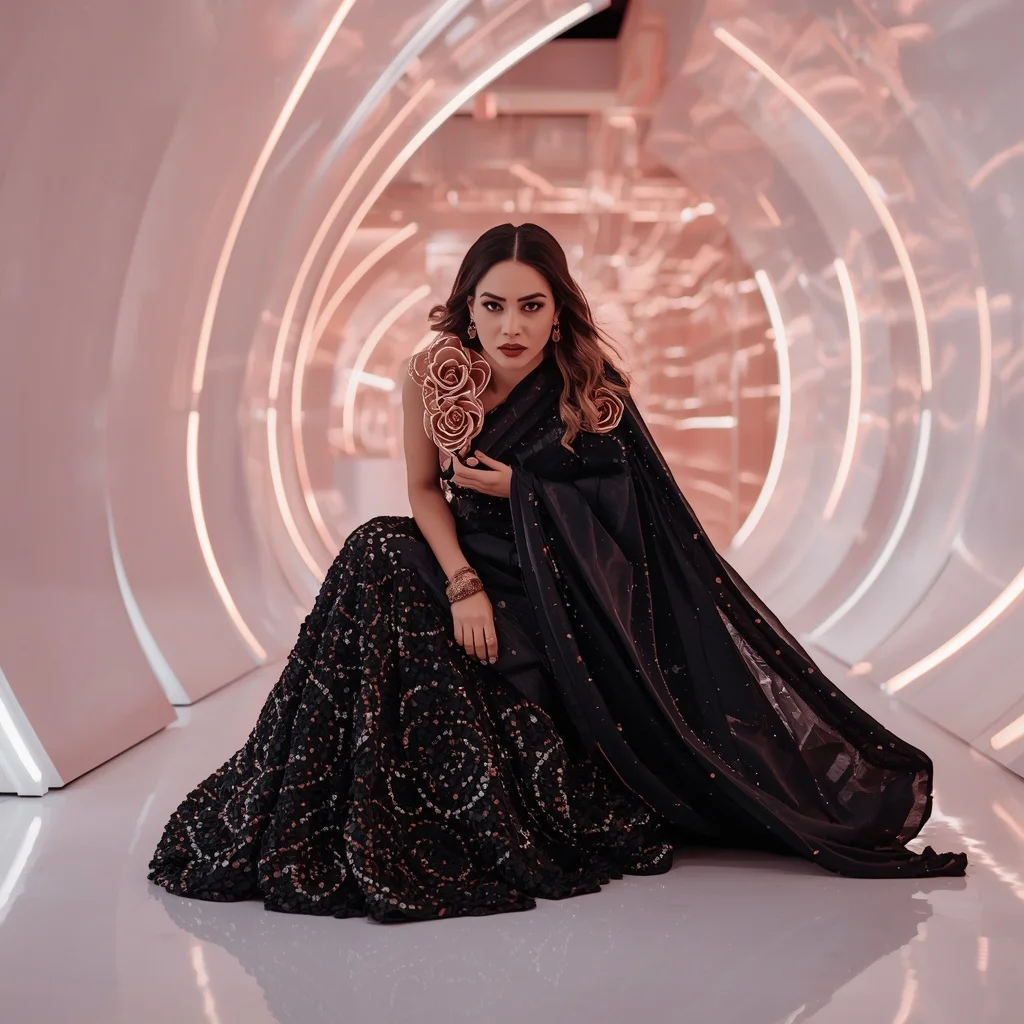 Onyx and Rose Gold Wire-Sculpted Saree with Smooth Curved Gallery | Prompt Seen Girls AI Photo Editing