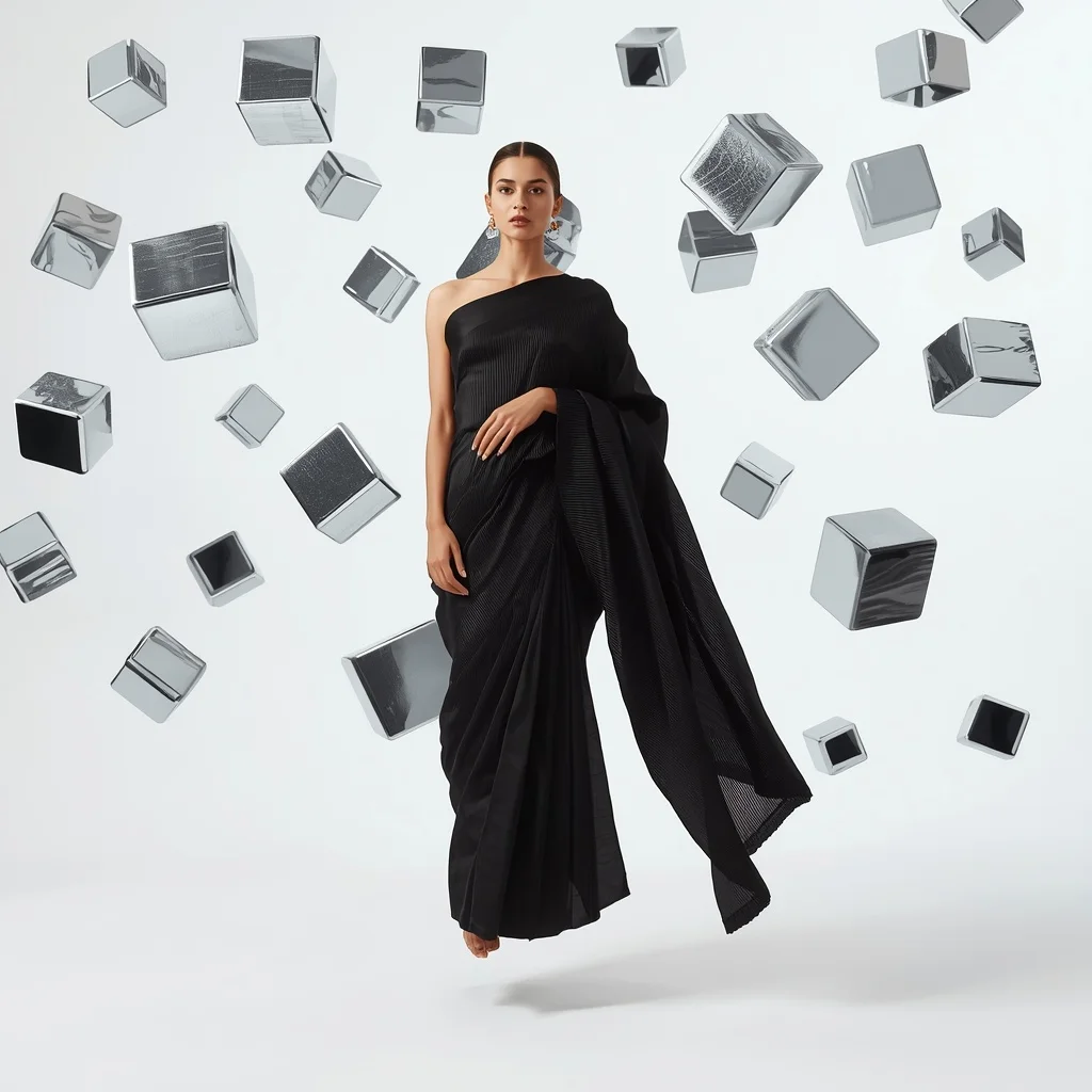 Onyx Micro-Pleat Saree – Levitation Pose with Floating Geometric Cubes | Instagram Carousel Ai Prompt