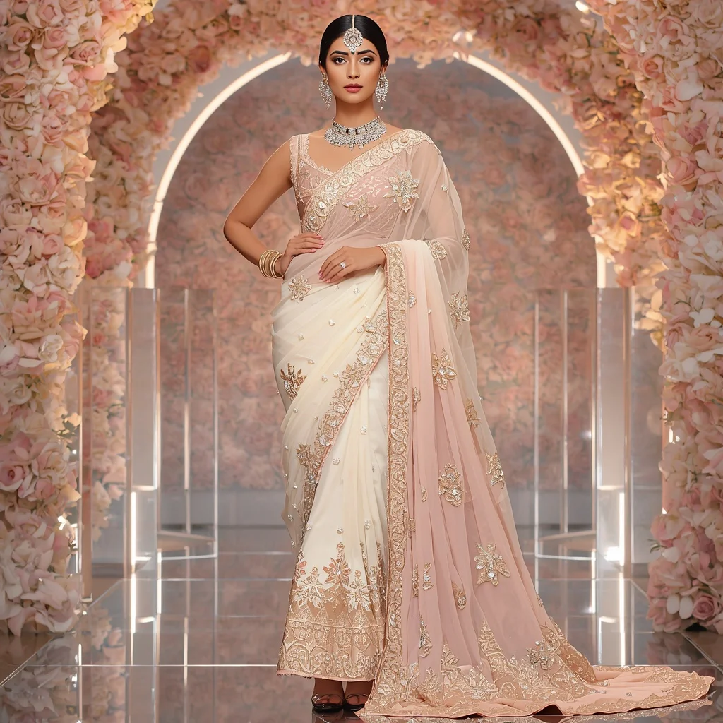 Opal Bloom Maharani Saree with Prism Floral Infinity Sanctuary | Girl Photo Prompt Gemini