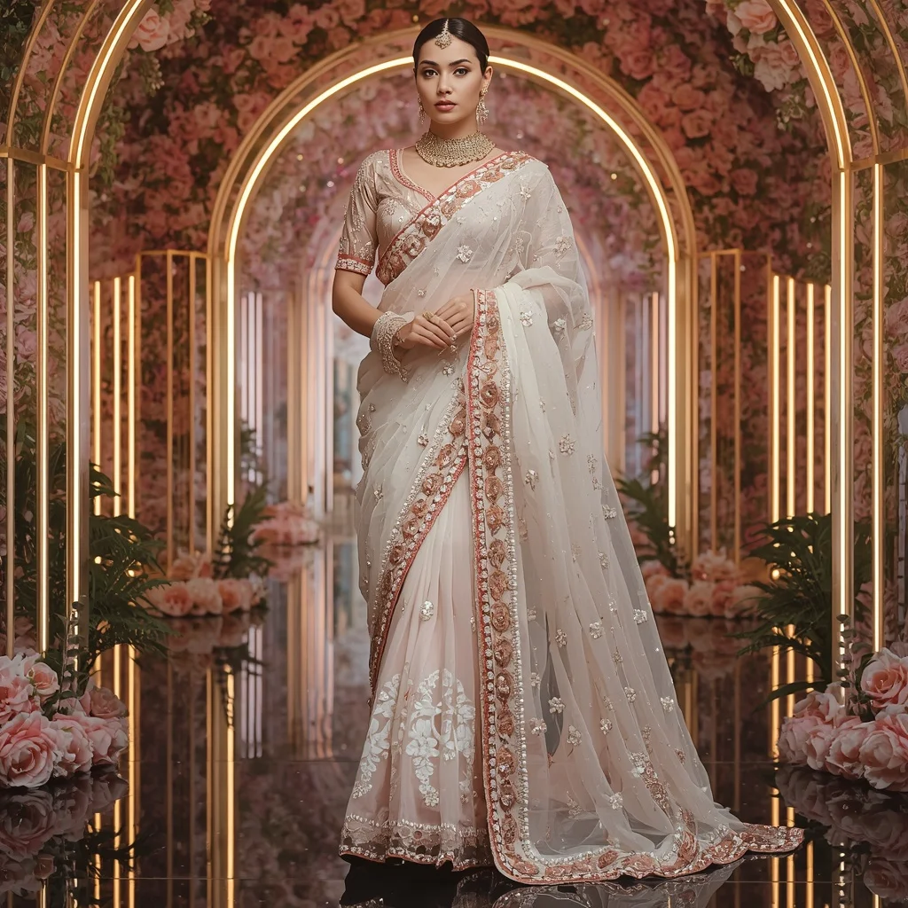 Opal Blossom Galaxy Saree with Prism Garden Infinity Cathedral | Viral Instagram Ai Prompt