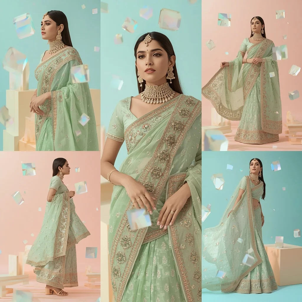 Opal Geometric Cubes Complex Festive Saree Look Premium | Makeup Ai Prompt