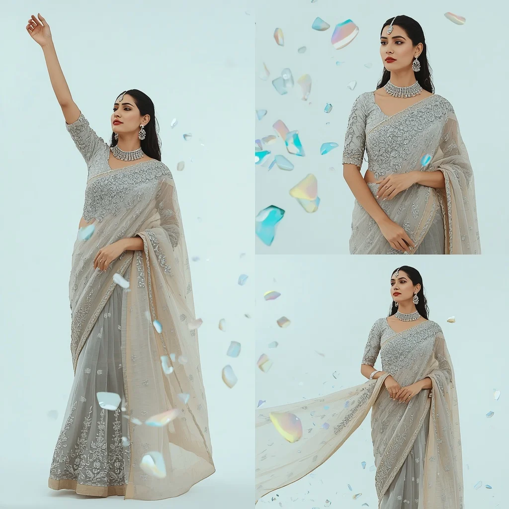 Opalescent Sea Glass Heavy Festive Saree Multicolor Theme | Prompt For Gemini AI Girl