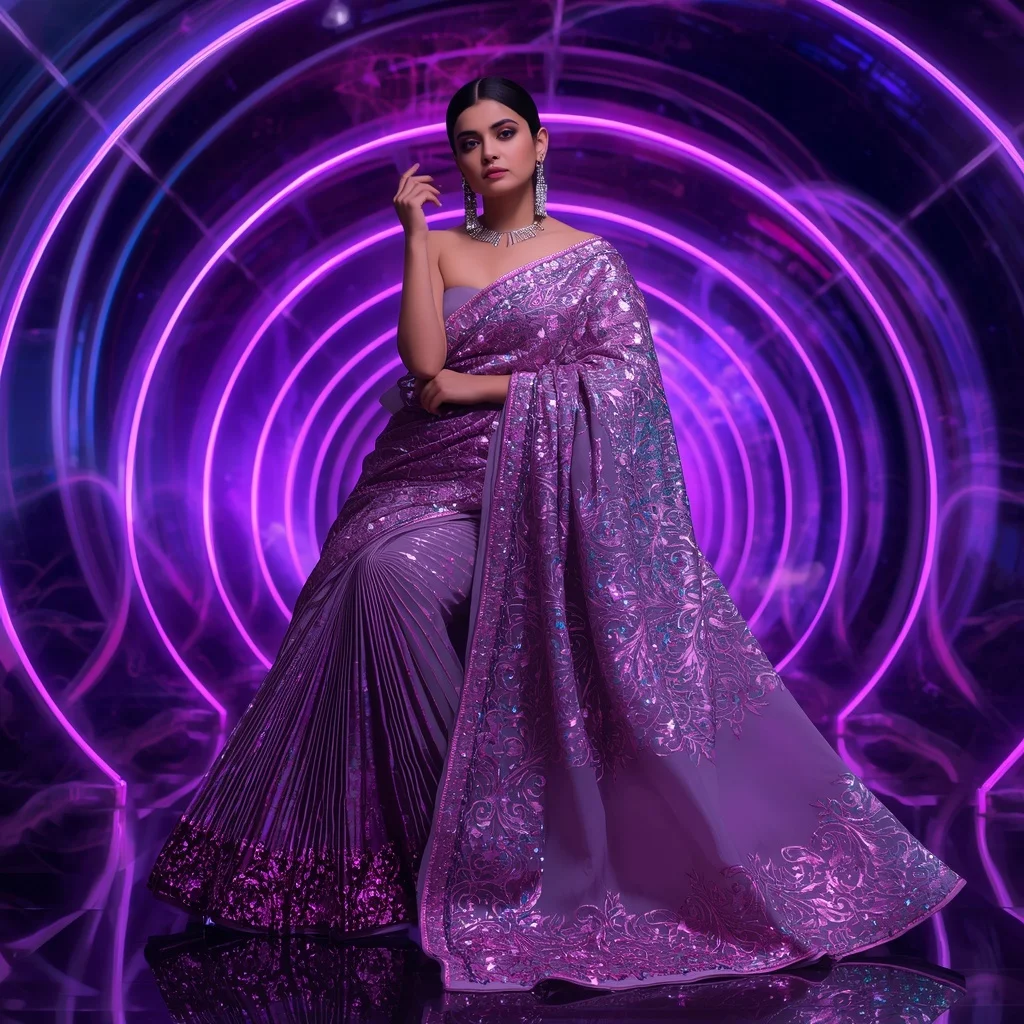 Orchid Aurora Infinity Saree with Neon DNA Crystal Universes | Bridal Ai Prompt