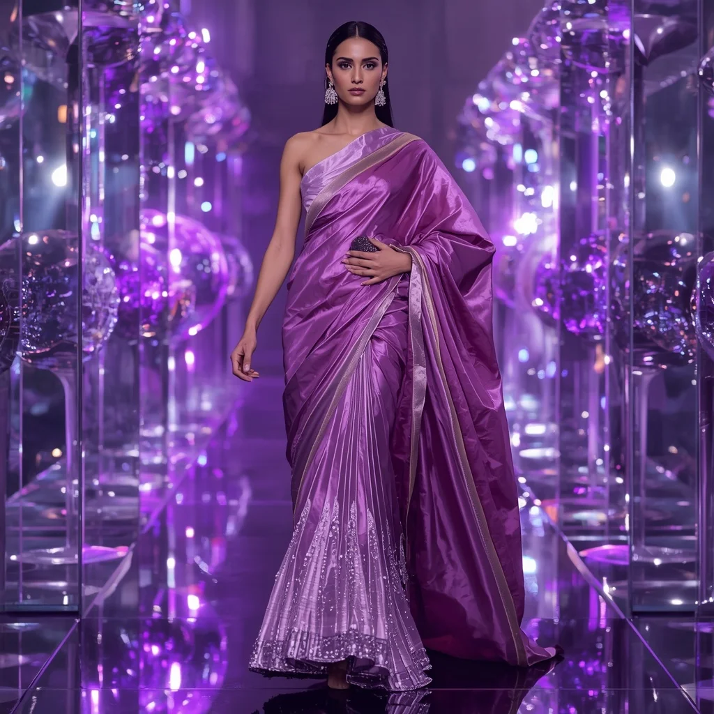 Orchid Diamond Eclipse Saree with Floating Holographic Prism Reflection Orbit Infinity Atrium | Chatgpt Prompt