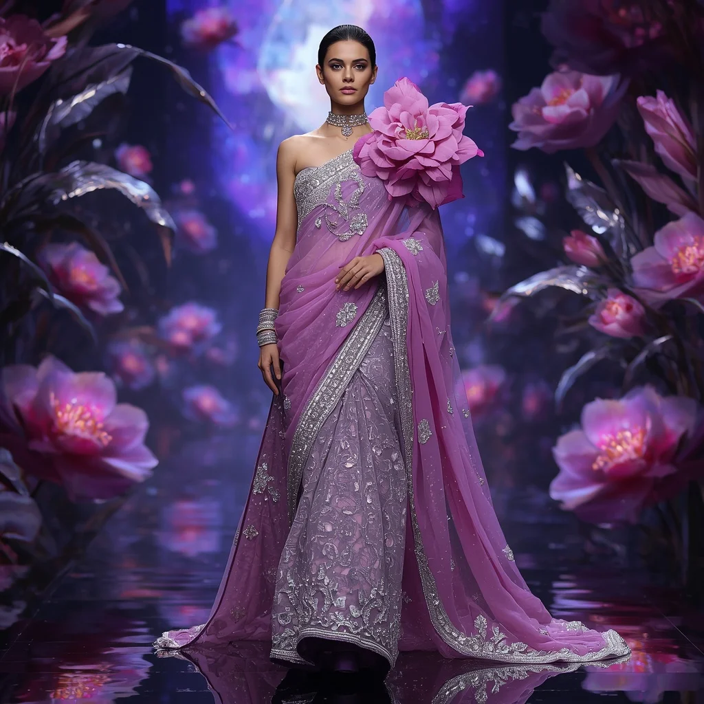 Orchid Prism Queen Saree with Floating Floral Galaxy Sanctums | Prompt Seen Saree Girl