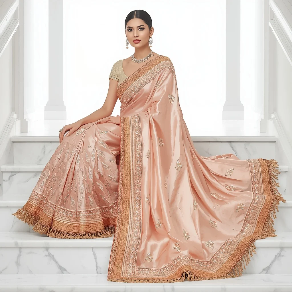Pale Rose Gold Tissue Silk with Chunky Glass Stonework | Elegantly Sitting on Steps Pose | Free Ai Prompt