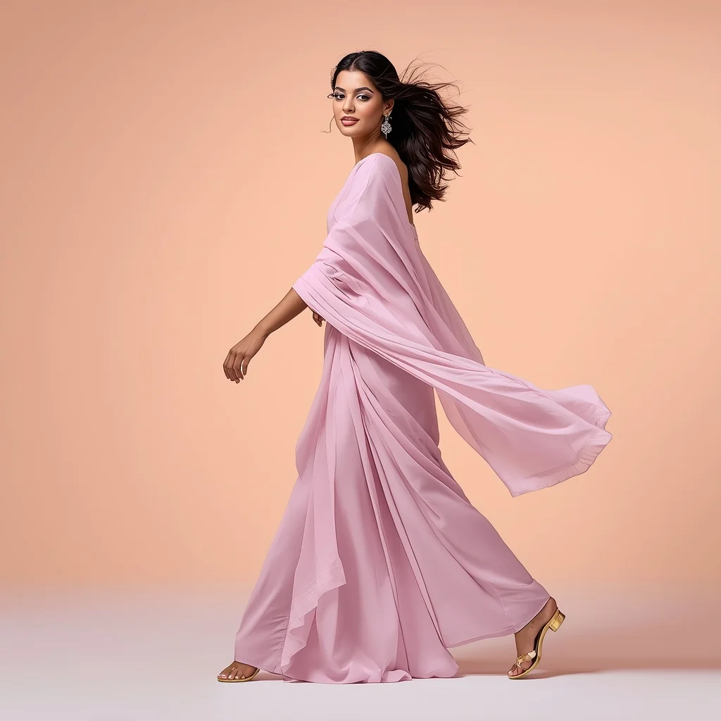 Pastel Indian Girl Soft Diagonal Step with Dupatta Float Pose | Prompt Gemini