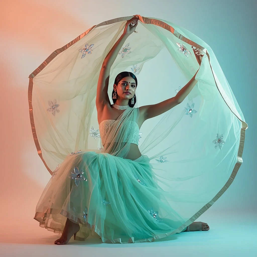 Pastel Mint Tulle Saree – Sweeping Spin Pose with Cyan Water Caustics | Korean Ai Prompt