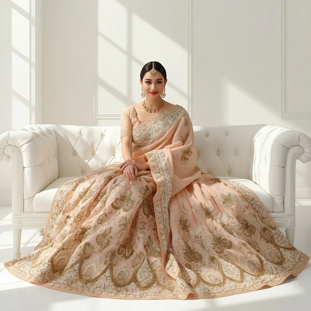 Pastel Peach Kundan & Heavy Zardozi Armor Saree | Sitting Royal Pose High Resolution | Gemini Ai Photo Prompt