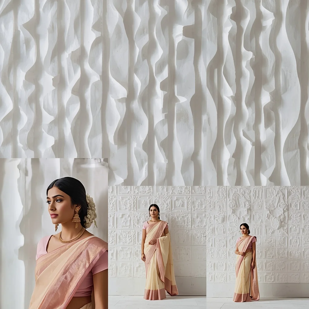 Pastel Saree Architectural White Gypsum Relief Patterns Lite Background Premium Prompt | Prompt Ai For Girl Instagram