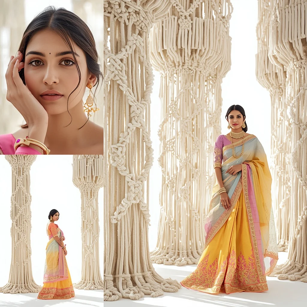 Pastel Saree Avant-Garde White Macrame Architecture Lite Background Premium Prompt | Gemini Ai Prompt