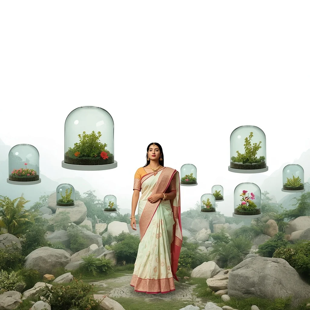 Pastel Saree Botanical Glass Domes Lite Background Viral Prompt | ChatGPT Ai Prompt