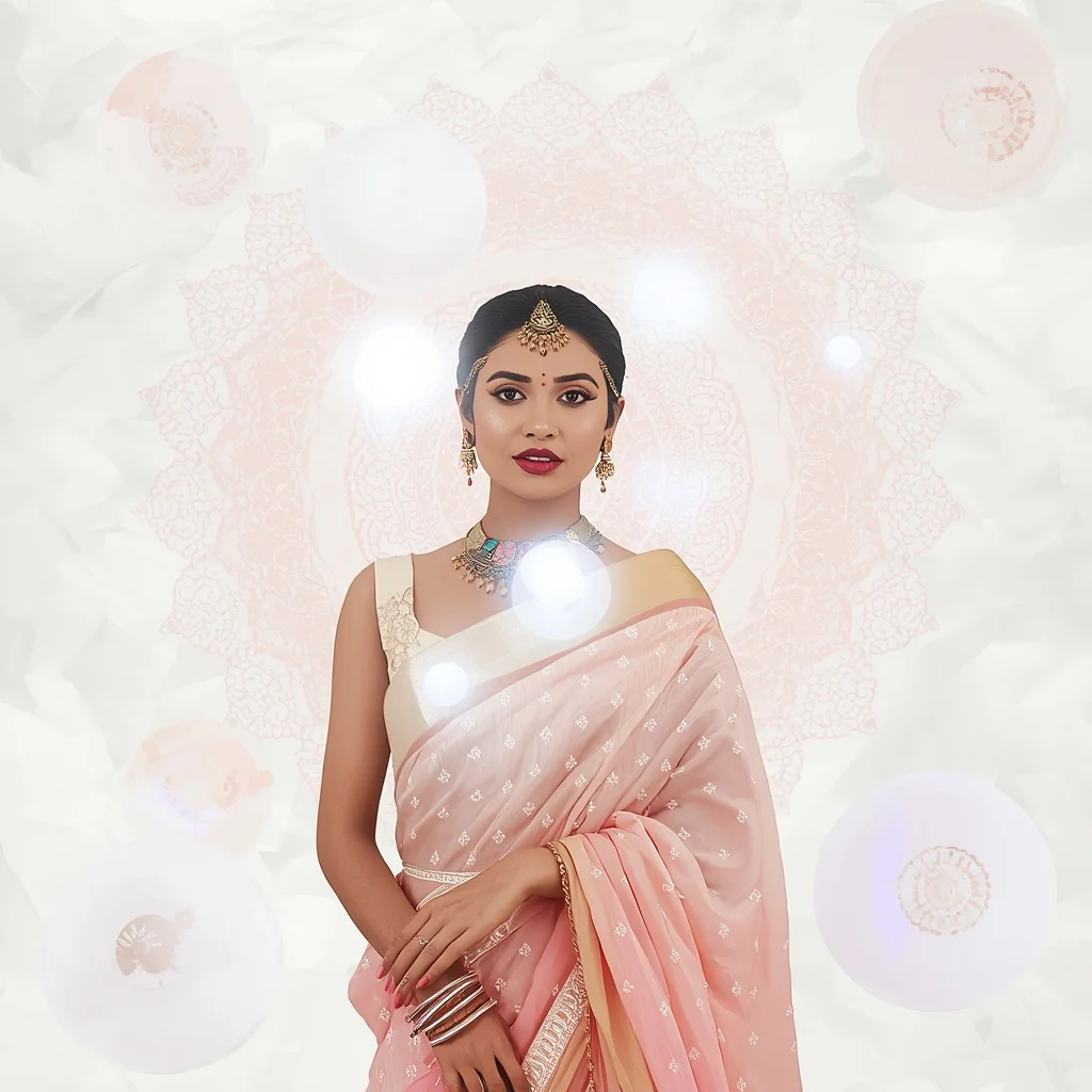 Pastel Saree Floating Holographic White Mandalas Lite Background Cinematic Prompt | Gym Influencer Ai Prompt