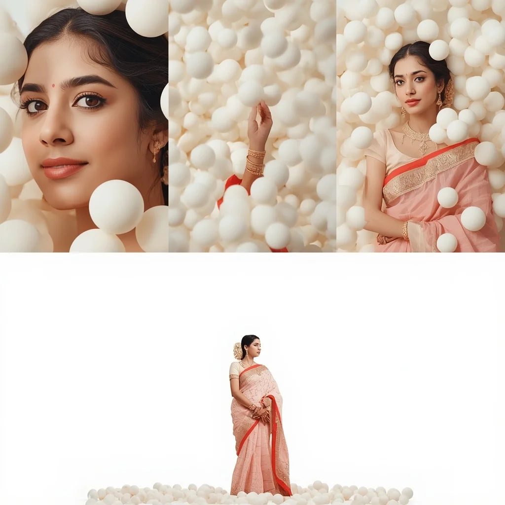 Pastel Saree Floating Matte White Spheres Lite Background Premium Prompt | Flux Ai Prompt