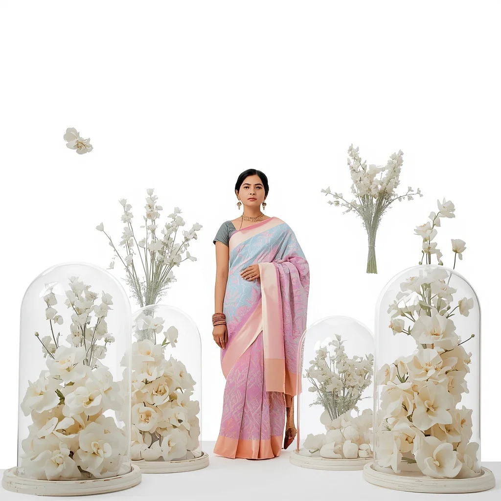Pastel Saree Floating Preserved Botanical Glass Domes Lite Background Premium Prompt | Bridal Ai Prompt