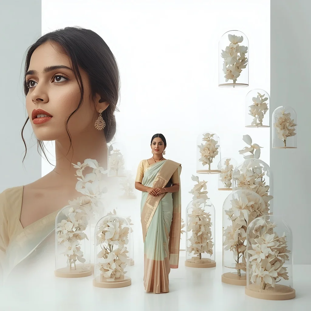 Pastel Saree Floating Preserved White Floral Domes Lite Background Premium Prompt | Woman Pose Ai Prompt