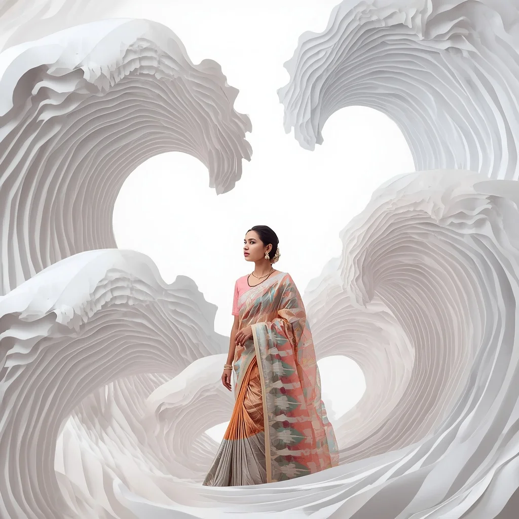 Pastel Saree Floating Sculptural Paper Waves Lite Background Premium Prompt | Image To Prompt