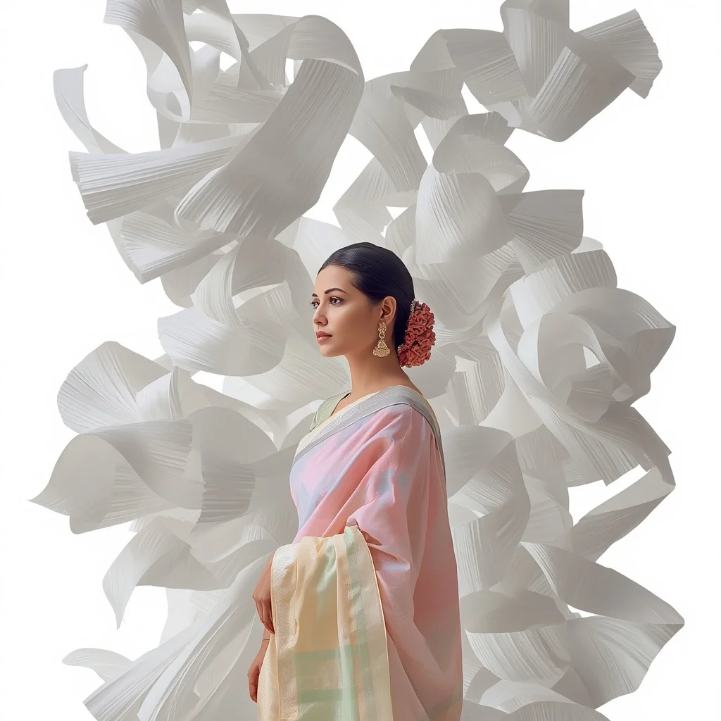 Pastel Saree Floating Sculptural White Paper Ribbons Lite Background Premium Prompt | Prompt Engineering