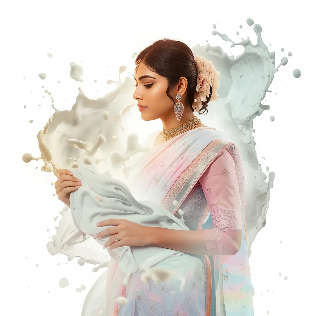 Pastel Saree Frozen Milky Liquid Splashes Lite Background Viral Prompt | Google Prompt