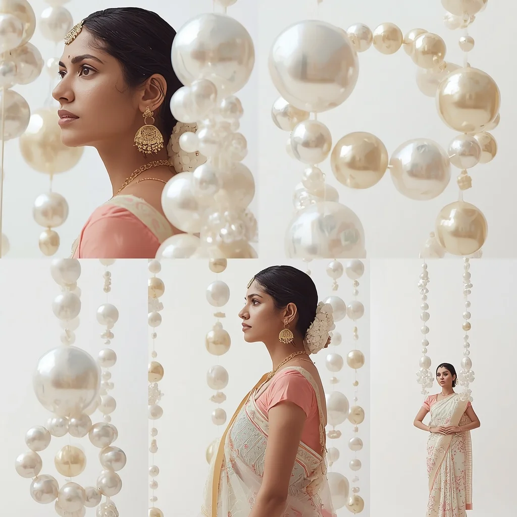 Pastel Saree Giant Polished Pearl Jewelry Structures Lite Background Cinematic Prompt | New Instagram Trend Prompt For Girl And Boy