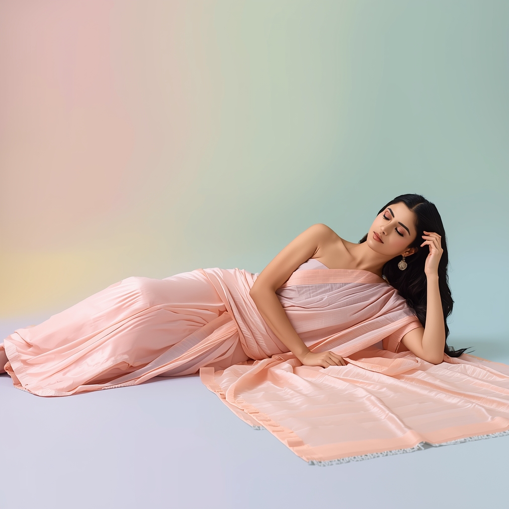 Pastel Saree Girl Soft Side Recline Fabric Flow Pose | Gemini Ai Photo