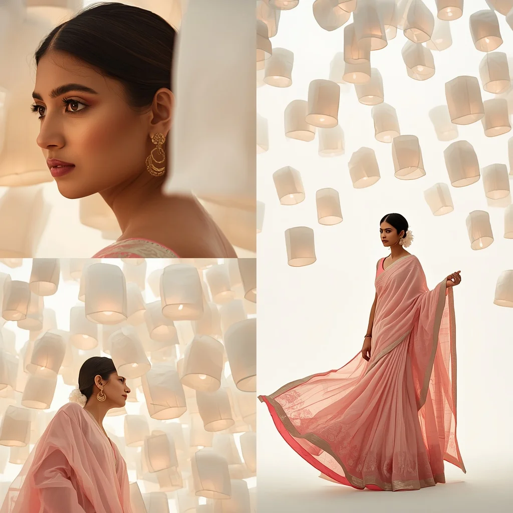 Pastel Saree Glowing Lanterns Lite Background Cinematic Prompt | Prompt Seen Trending Girl
