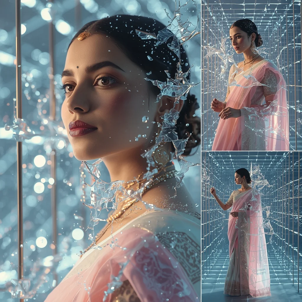 Pastel Saree Hyper Dimensional Light Grid Fragment Dissolve Cinematic Viral Prompt | Saree Photoshoot Prompt Ultra Realistic