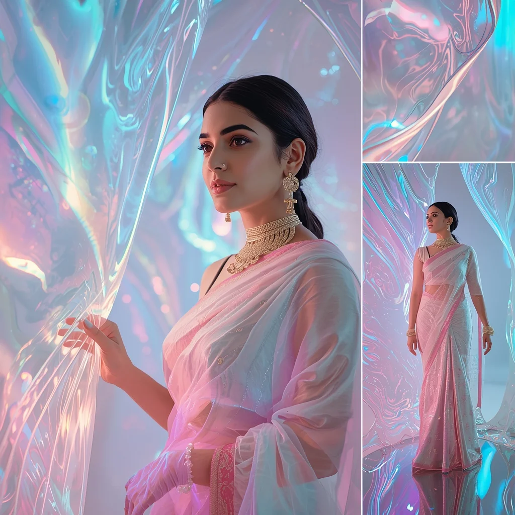 Pastel Saree Liquid Prism Aurora Crystal Energy Flow Cinematic Viral Prompt | Indian Girl Saree Ai Prompt 4k Realistic