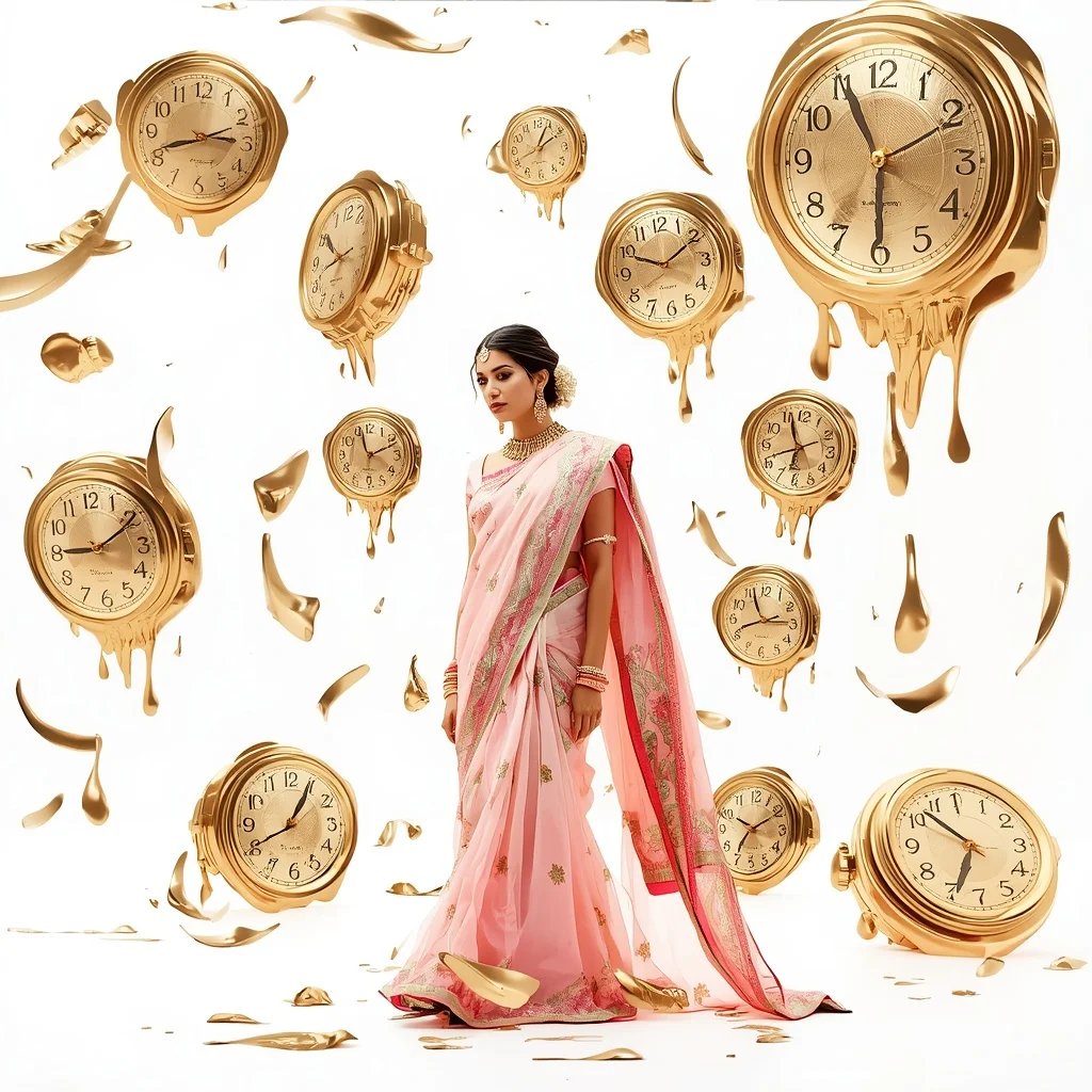Pastel Saree Melting Golden Clockwork Faces Lite Background Cinematic Prompt | Instagram Reel Ai Prompt