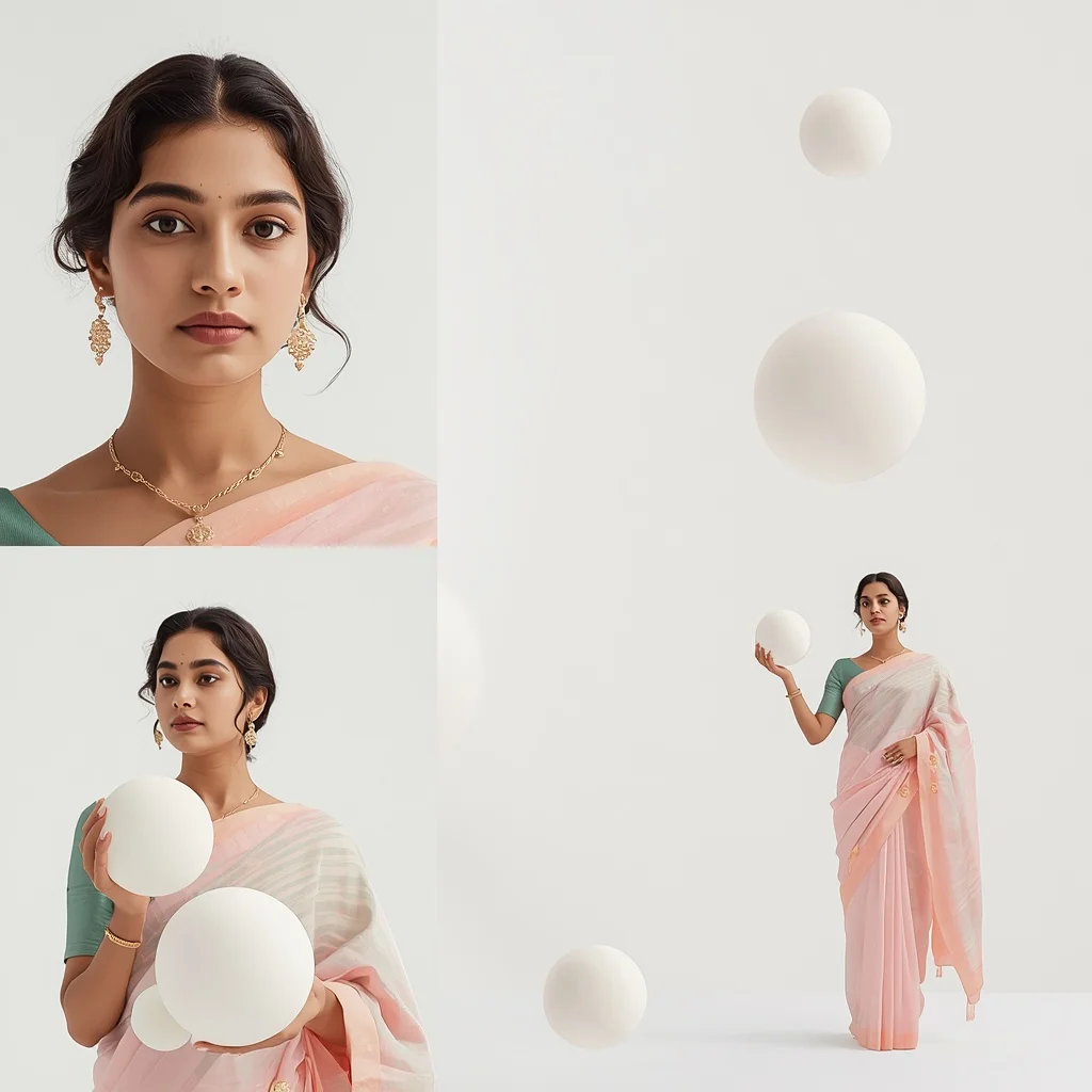 Pastel Saree Minimalist White Ceramic Spheres Lite Background Cinematic Prompt | Girls Trending Prompt Gemini Instagram