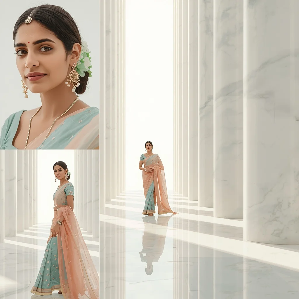 Pastel Saree Minimalist White Marble Pillar Hall Lite Background Premium Prompt | Ai Portrait Prompt
