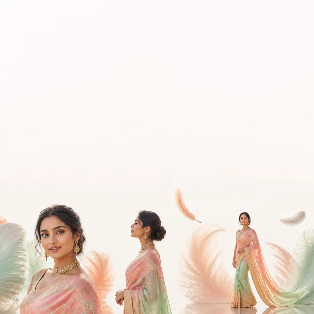 Pastel Saree Surreal Feathered Forms Lite Background Premium Prompt | Gemini Ai Prompt