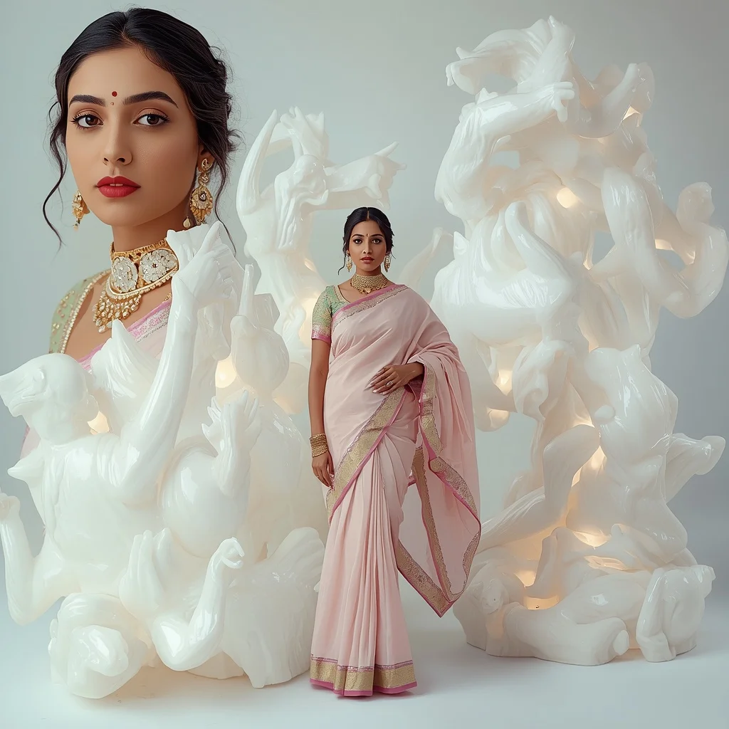 Pastel Saree Translucent White Wax Sculptures Lite Background Cinematic Prompt | Desi Girl Ai Prompt