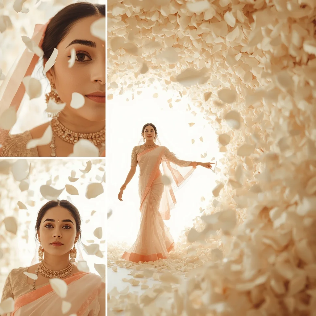 Pastel Saree Vortex of Falling White Rose Petals Lite Background Cinematic Prompt | Trending Prompt Girls