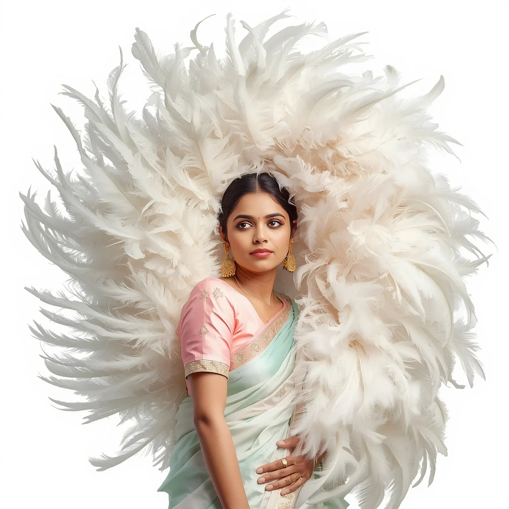Pastel Saree Whirling Soft White Ostrich Plumes Lite Background Cinematic Prompt | Style Ai Prompt