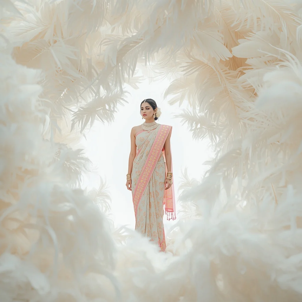 Pastel Saree Whirling White Ostrich Feather Vortex Lite Background Cinematic Prompt | New Instagram Trend Prompt For Girl Copy And Paste