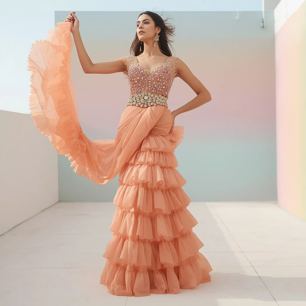 Peach Ruffle Saree Modern Festive Pose with Heavy Belt | Ideogram Ai Prompt