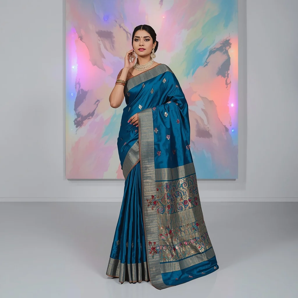 Peacock Blue silk Saree with traditional heavy thread work | Ai Image Generator Prompt