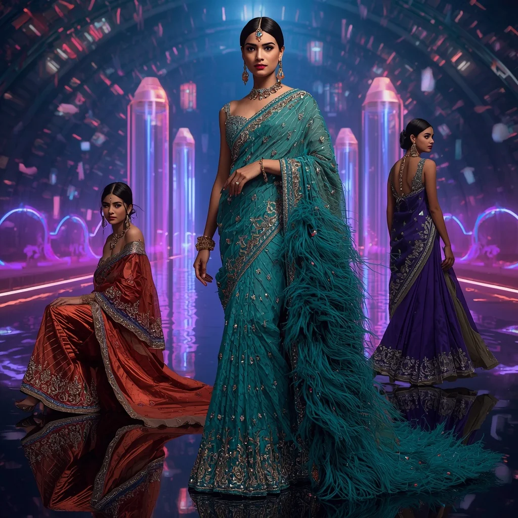 Peacock Crystal Flame Saree with Floating Prism Infinity Neon Citadel | Gemini Ai Prompt