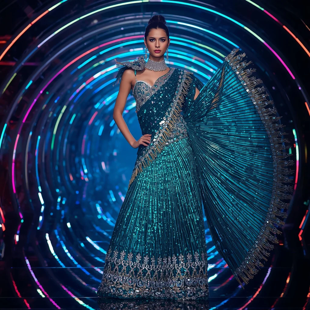 Peacock Prism Empress Saree with Infinity Neon Spiral Reflection Hall | Art Ai Prompt