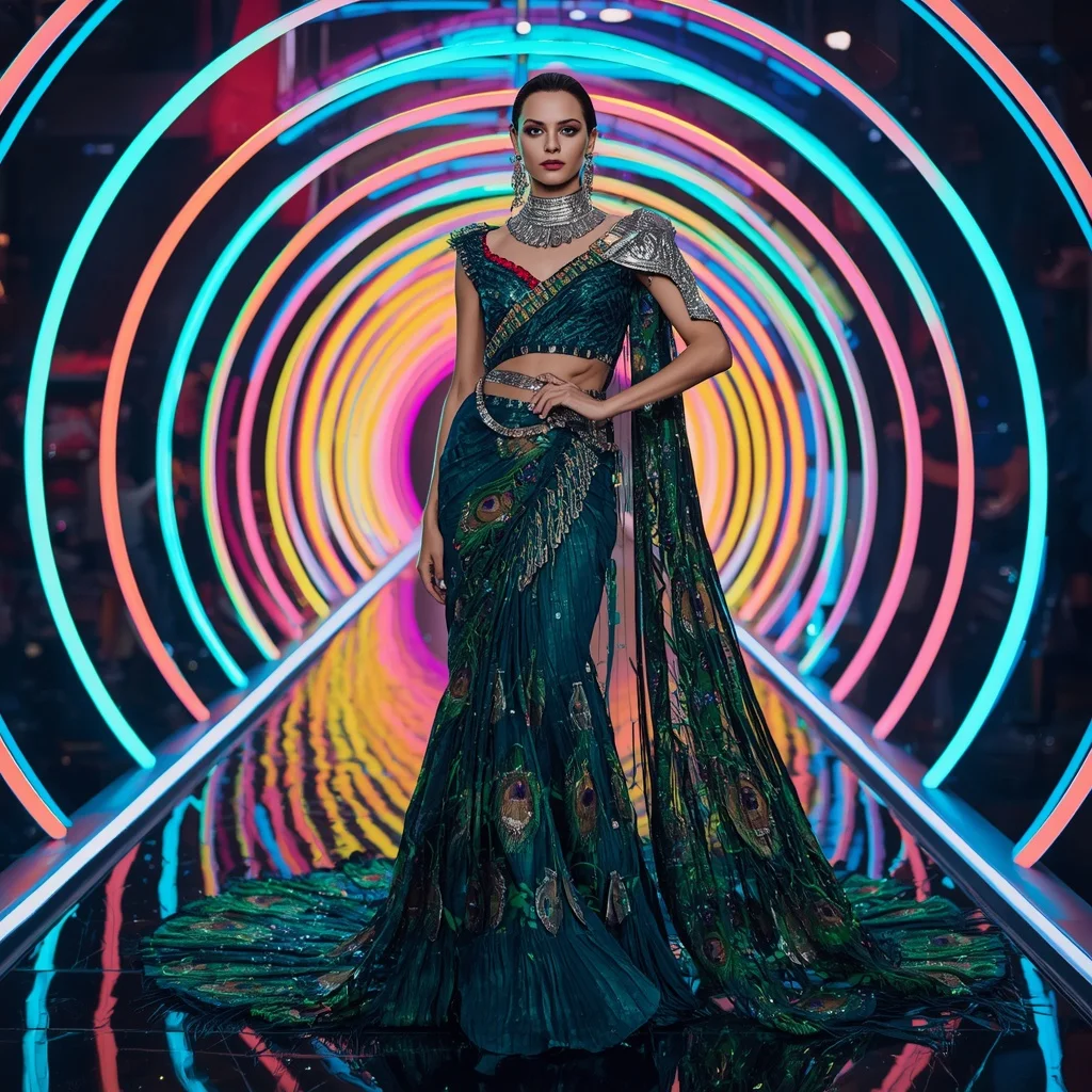 Peacock Prism Mirage Saree with Infinity Neon Spiral Reflection Tunnel | Selfie Prompt