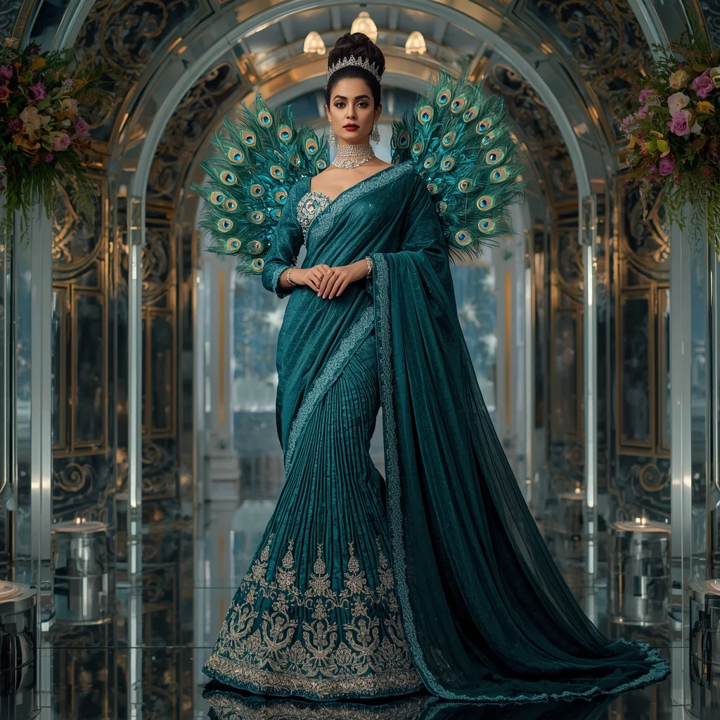 Peacock Velvet Prism Saree with Luxe Crystal Crown Eclipse Jewel Empire | Creative Ai Art Prompt