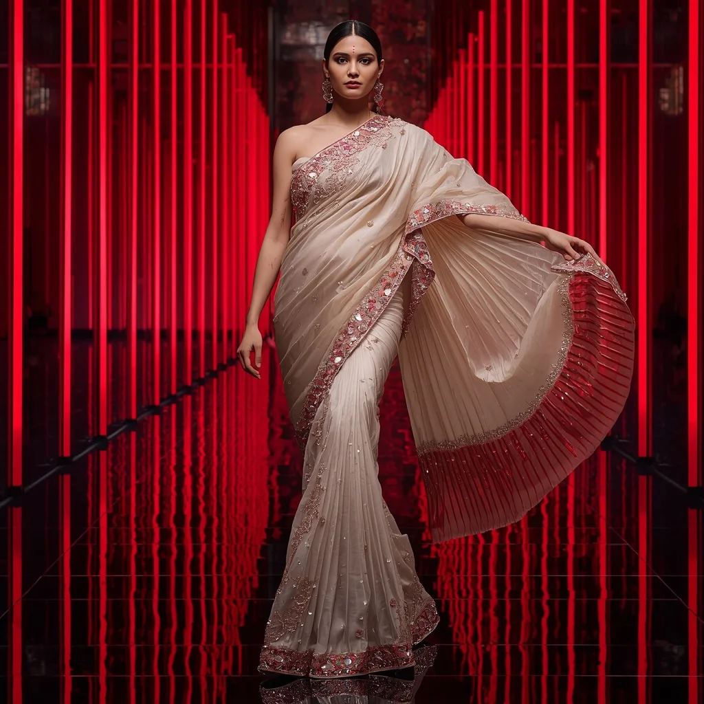 Pearl Crimson Eclipse Saree with Reflection Orbit Infinity Galaxy Hall
