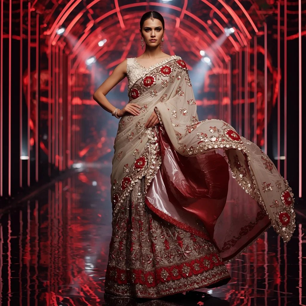 Pearl Crimson Symphony Saree with Reflection Orbit Galaxy Infinity Pavilion | Prompt Ai